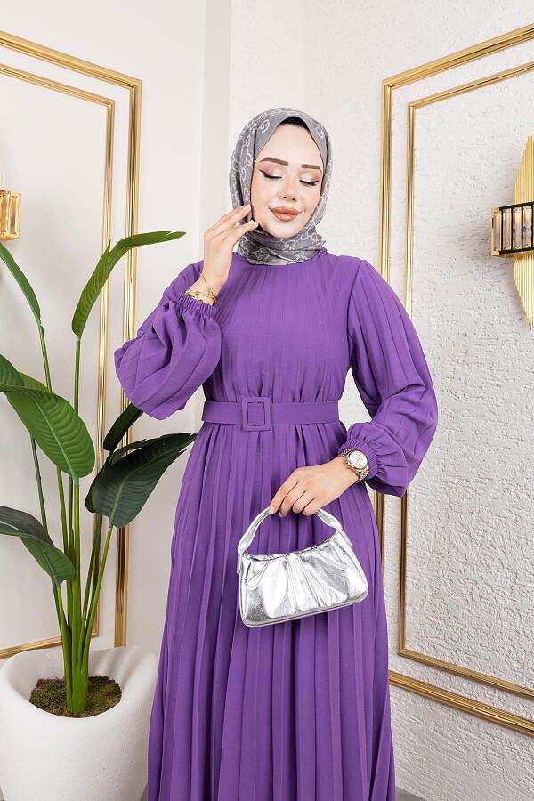 Kemerli Pliseli Tesettür Elbise-3042 Lila