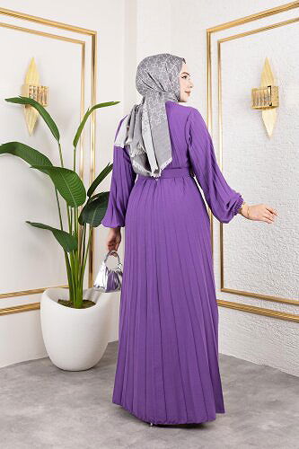 Kemerli Pliseli Tesettür Elbise-3042 Lila - Thumbnail