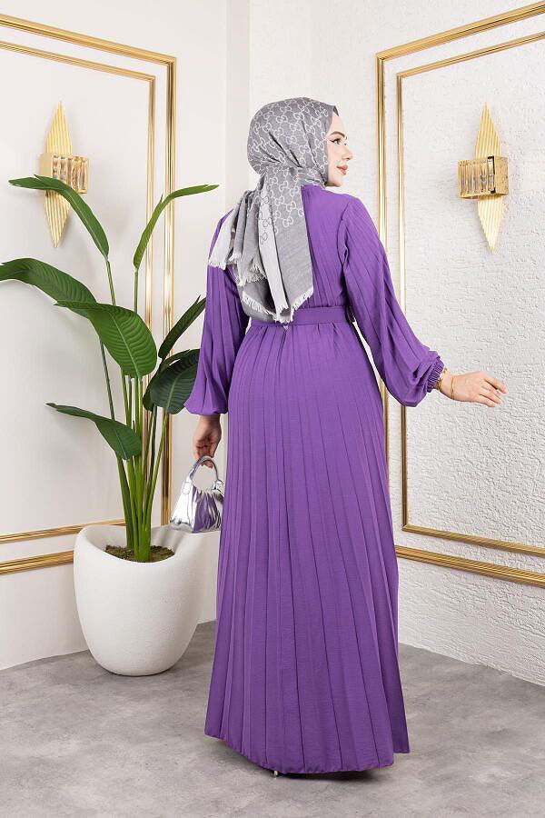 Kemerli Pliseli Tesettür Elbise-3042 Lila