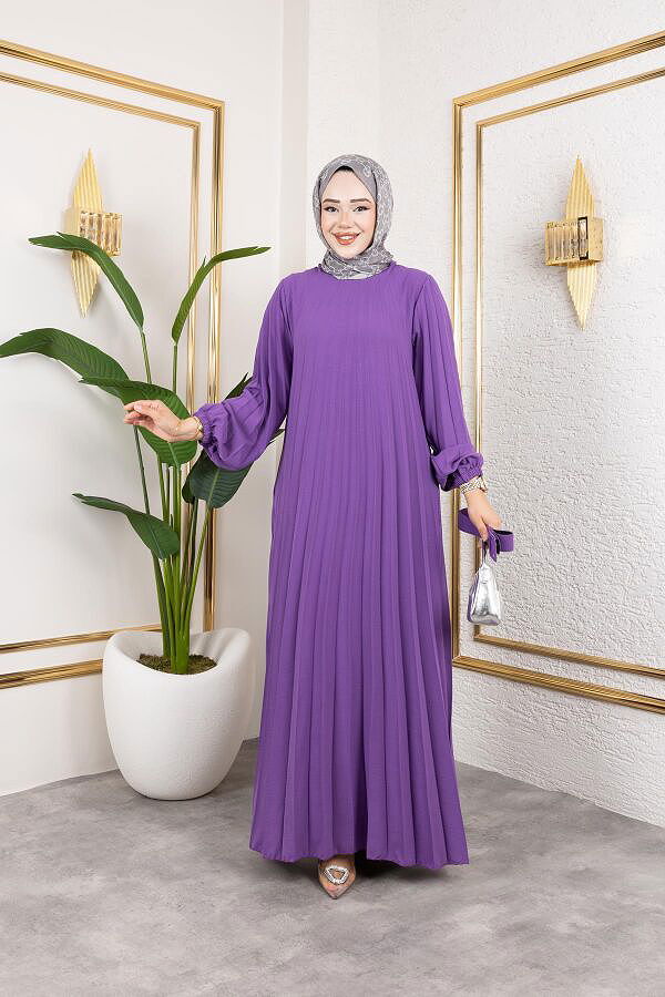 Kemerli Pliseli Tesettür Elbise-3042 Lila