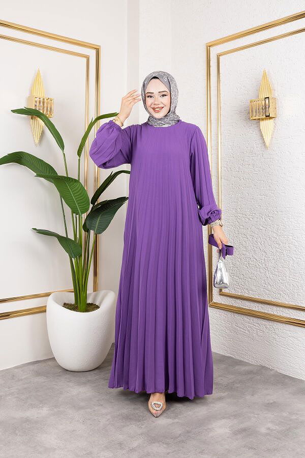 Kemerli Pliseli Tesettür Elbise-3042 Lila