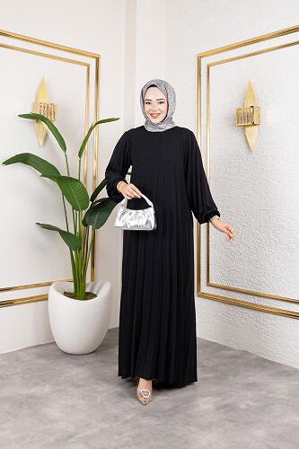 Modaebva - Kemerli Pliseli Tesettür Elbise-3042 Siyah (1)