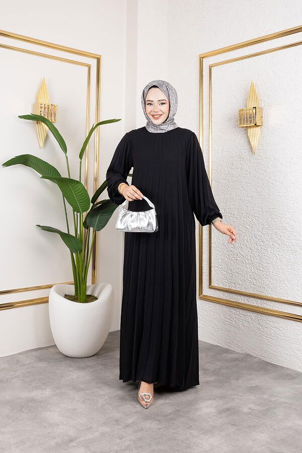 Kemerli Pliseli Tesettür Elbise-3042 Siyah