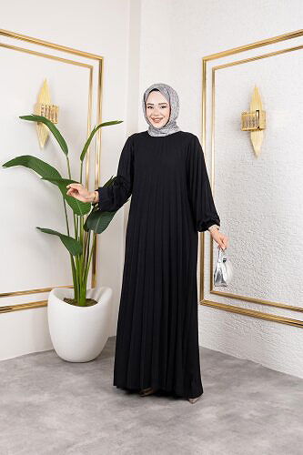 Kemerli Pliseli Tesettür Elbise-3042 Siyah - Thumbnail