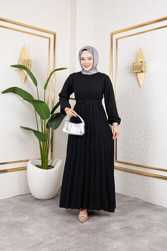 Kemerli Pliseli Tesettür Elbise-3042 Siyah - Thumbnail