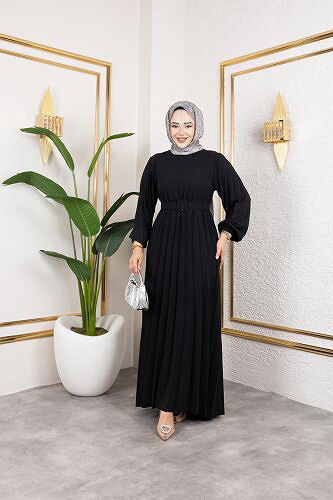 Modaebva - Kemerli Pliseli Tesettür Elbise-3042 Siyah