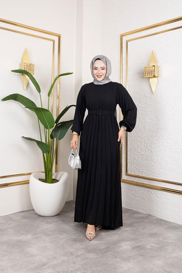 Kemerli Pliseli Tesettür Elbise-3042 Siyah