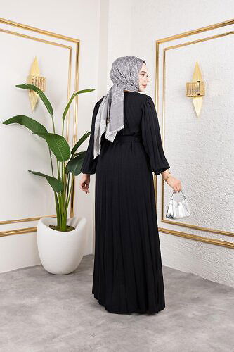 Kemerli Pliseli Tesettür Elbise-3042 Siyah - Thumbnail