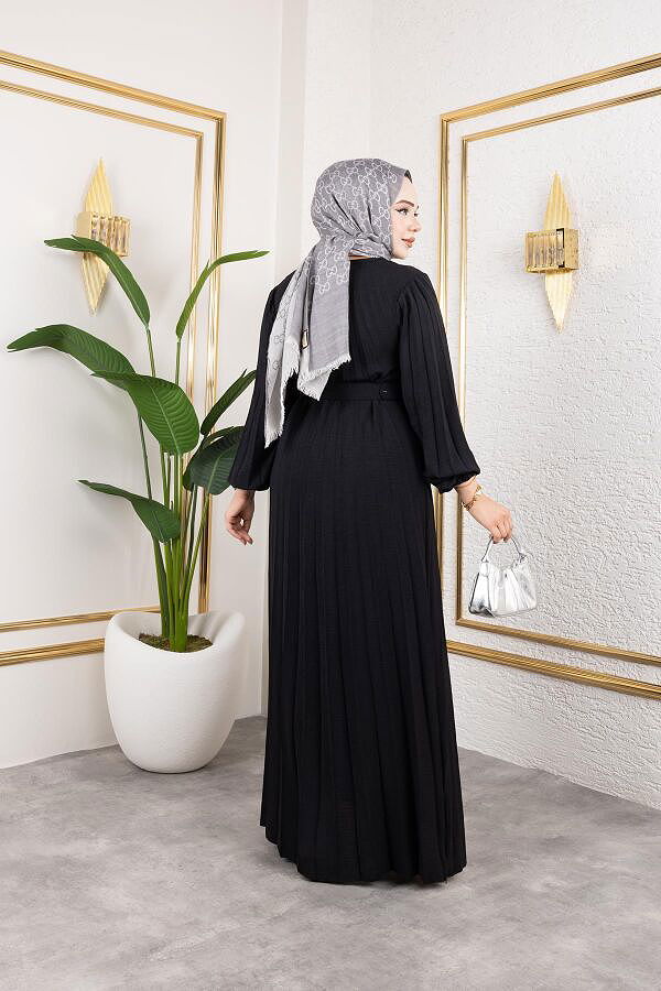 Kemerli Pliseli Tesettür Elbise-3042 Siyah
