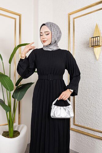 Kemerli Pliseli Tesettür Elbise-3042 Siyah - Thumbnail