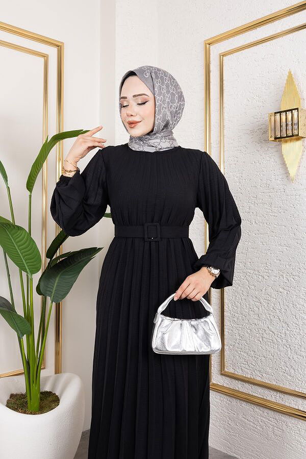 Kemerli Pliseli Tesettür Elbise-3042 Siyah