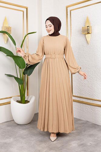 Modaebva - Kemerli Pliseli Tesettür Elbise-3042 Vizon