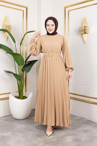 Kemerli Pliseli Tesettür Elbise-3042 Vizon - Thumbnail