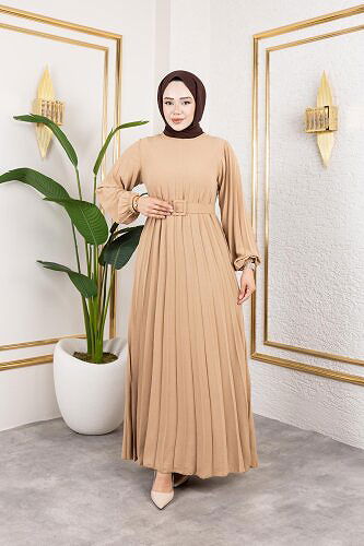 Kemerli Pliseli Tesettür Elbise-3042 Vizon - Thumbnail