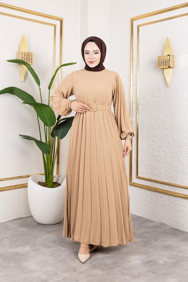 Kemerli Pliseli Tesettür Elbise-3042 Vizon