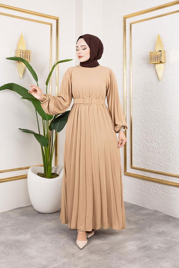 Kemerli Pliseli Tesettür Elbise-3042 Vizon