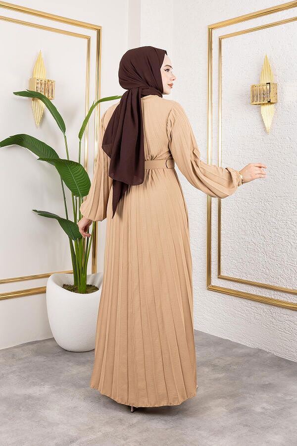 Kemerli Pliseli Tesettür Elbise-3042 Vizon