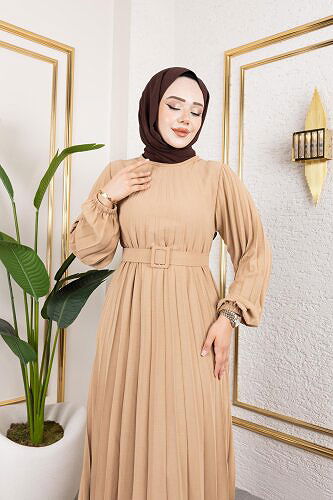 Kemerli Pliseli Tesettür Elbise-3042 Vizon - Thumbnail