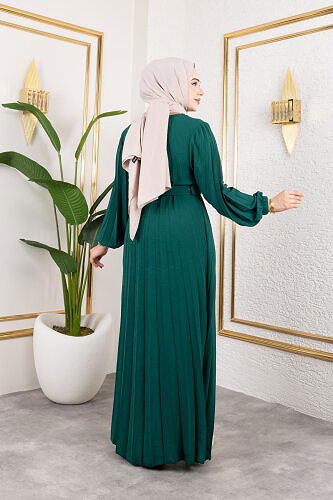 Kemerli Pliseli Tesettür Elbise-3042 Zümrüt yeşili - Thumbnail