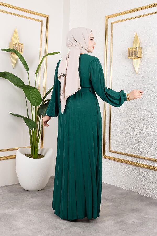 Kemerli Pliseli Tesettür Elbise-3042 Zümrüt yeşili