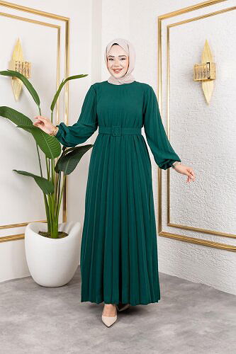 Modaebva - Kemerli Pliseli Tesettür Elbise-3042 Zümrüt yeşili