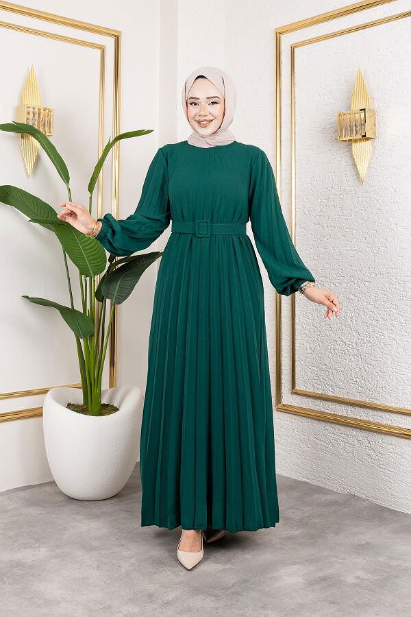Kemerli Pliseli Tesettür Elbise-3042 Zümrüt yeşili