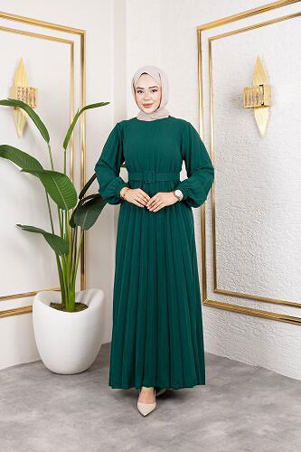 Kemerli Pliseli Tesettür Elbise-3042 Zümrüt yeşili - Thumbnail