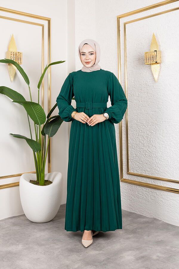 Kemerli Pliseli Tesettür Elbise-3042 Zümrüt yeşili