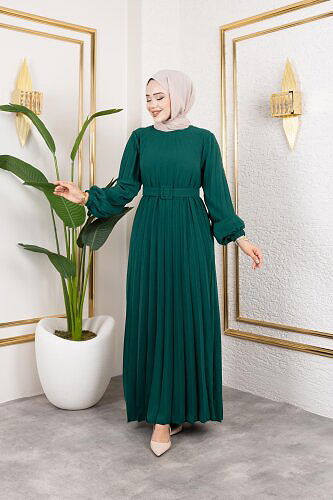 Kemerli Pliseli Tesettür Elbise-3042 Zümrüt yeşili - Thumbnail