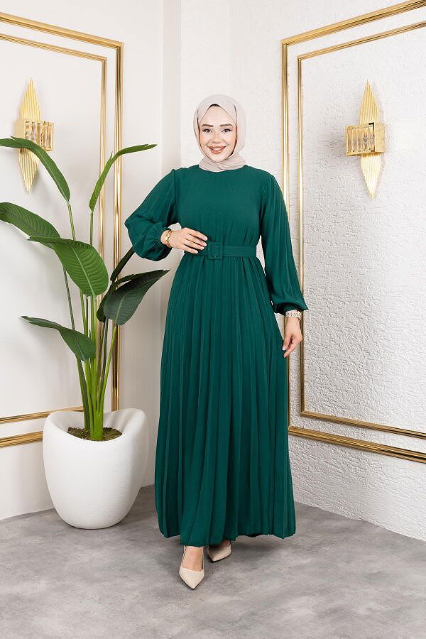 Kemerli Pliseli Tesettür Elbise-3042 Zümrüt yeşili
