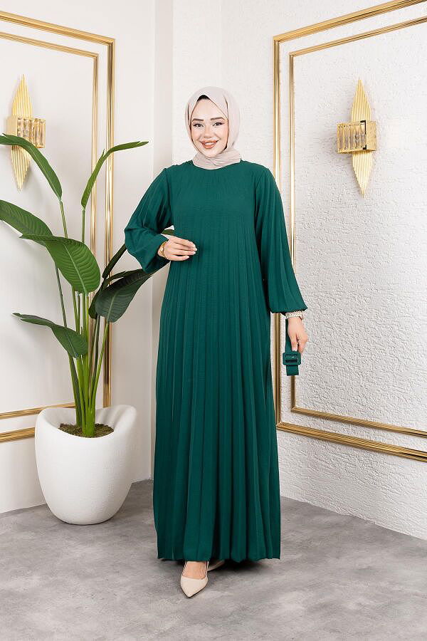 Kemerli Pliseli Tesettür Elbise-3042 Zümrüt yeşili
