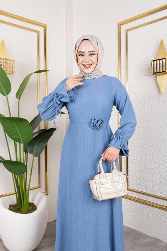 Kol Büzgülü Gül Detaylı Elbise-5030 Bebe mavisi - Thumbnail