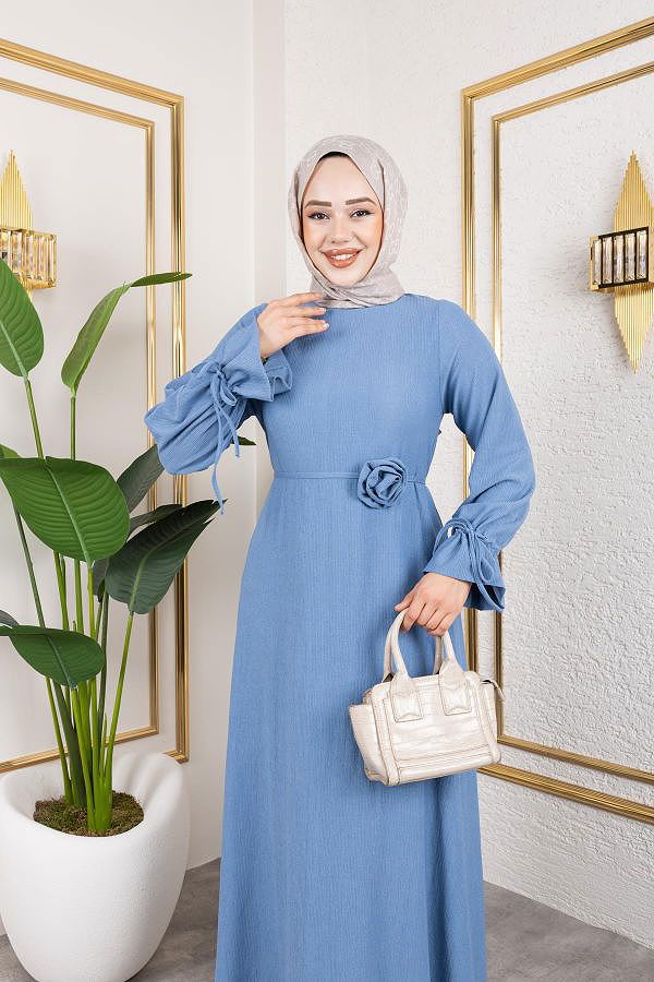 Kol Büzgülü Gül Detaylı Elbise-5030 Bebe mavisi