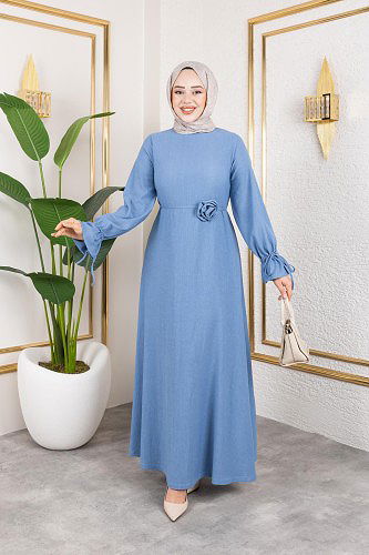 Modaebva - Kol Büzgülü Gül Detaylı Elbise-5030 Bebe mavisi