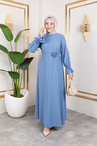 Kol Büzgülü Gül Detaylı Elbise-5030 Bebe mavisi - Thumbnail