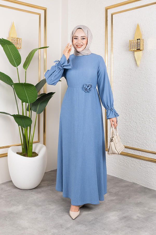 Kol Büzgülü Gül Detaylı Elbise-5030 Bebe mavisi