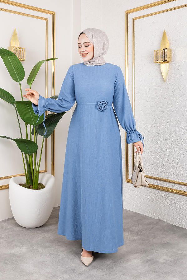 Kol Büzgülü Gül Detaylı Elbise-5030 Bebe mavisi