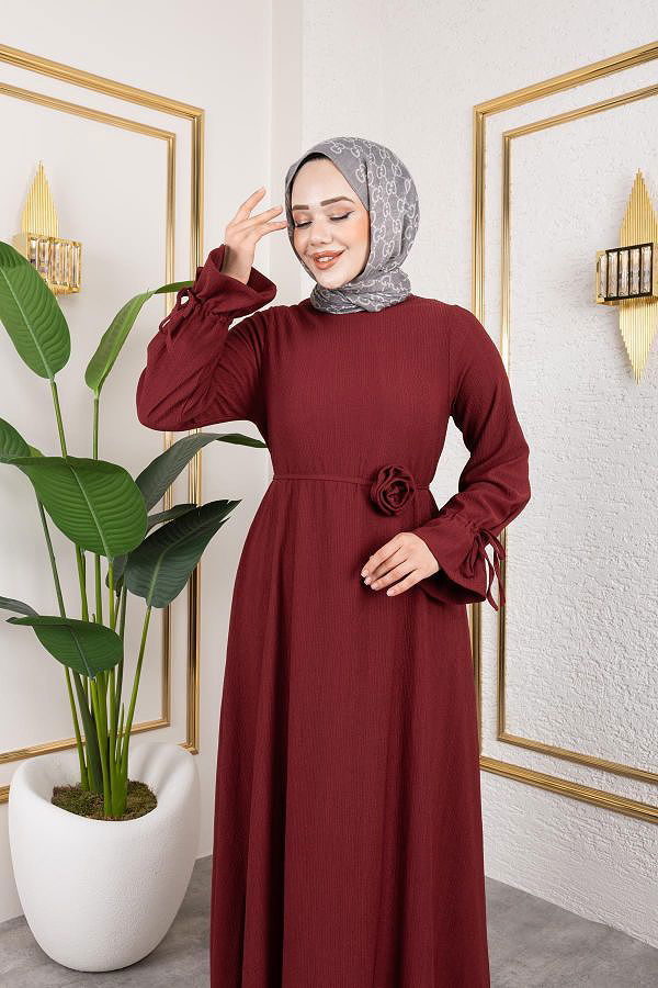 Kol Büzgülü Gül Detaylı Elbise-5030 Bordo