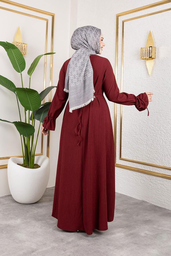 Kol Büzgülü Gül Detaylı Elbise-5030 Bordo