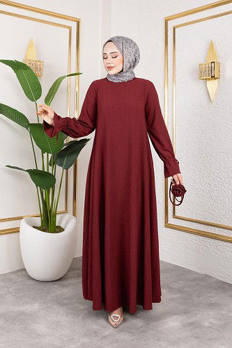 Modaebva - Kol Büzgülü Gül Detaylı Elbise-5030 Bordo (1)
