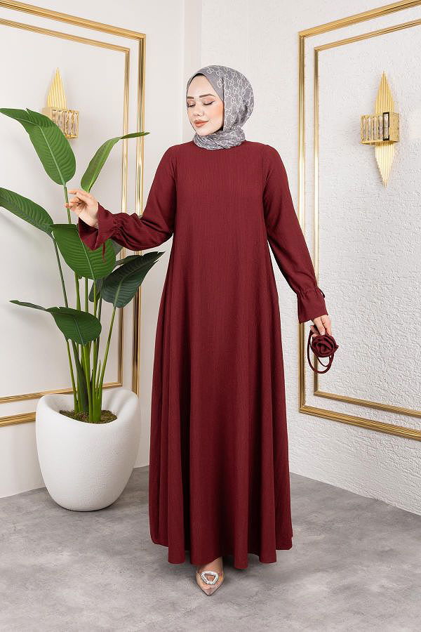 Kol Büzgülü Gül Detaylı Elbise-5030 Bordo