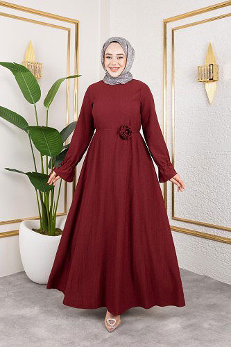 Modaebva - Kol Büzgülü Gül Detaylı Elbise-5030 Bordo