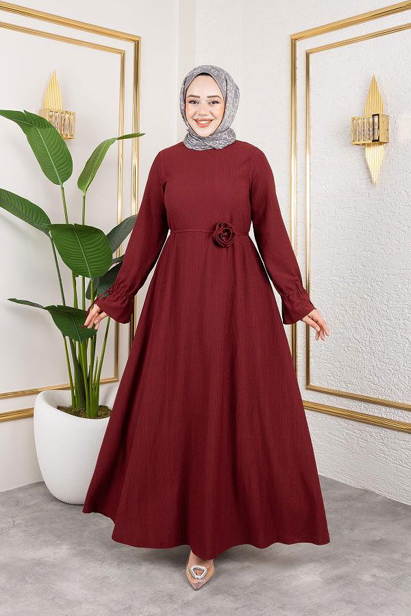 Kol Büzgülü Gül Detaylı Elbise-5030 Bordo