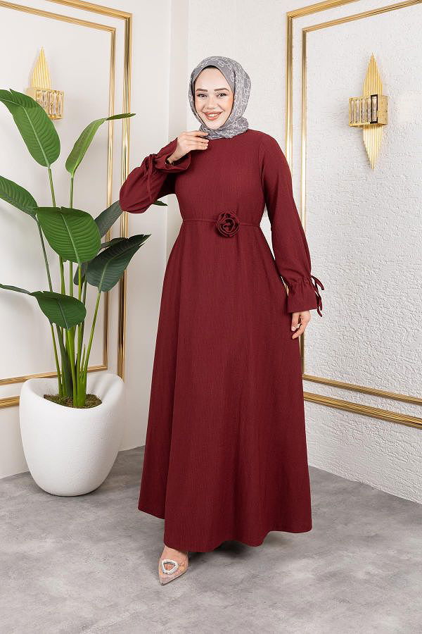 Kol Büzgülü Gül Detaylı Elbise-5030 Bordo