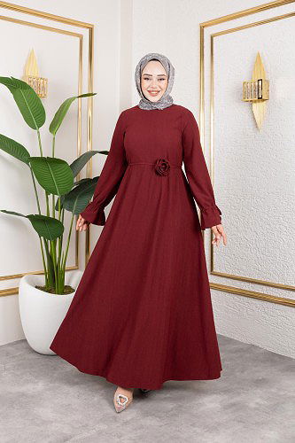 Kol Büzgülü Gül Detaylı Elbise-5030 Bordo - Thumbnail