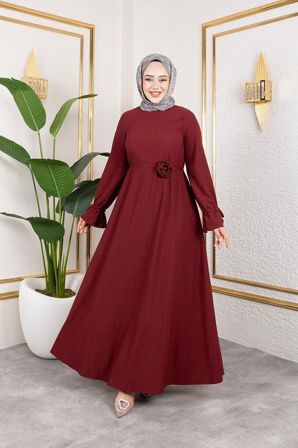 Kol Büzgülü Gül Detaylı Elbise-5030 Bordo