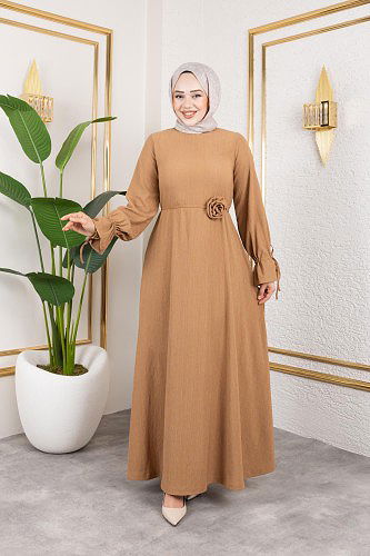 Kol Büzgülü Gül Detaylı Elbise-5030 Latte - Thumbnail