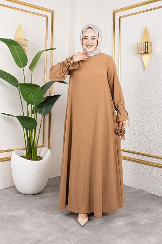 Kol Büzgülü Gül Detaylı Elbise-5030 Latte - Thumbnail