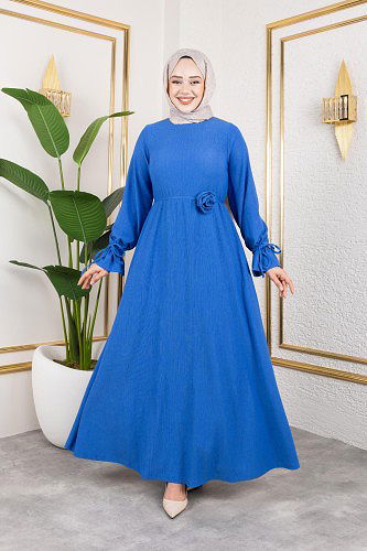 Modaebva - Kol Büzgülü Gül Detaylı Elbise-5030 Saks mavisi