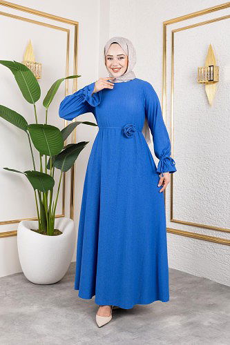 Kol Büzgülü Gül Detaylı Elbise-5030 Saks mavisi - Thumbnail